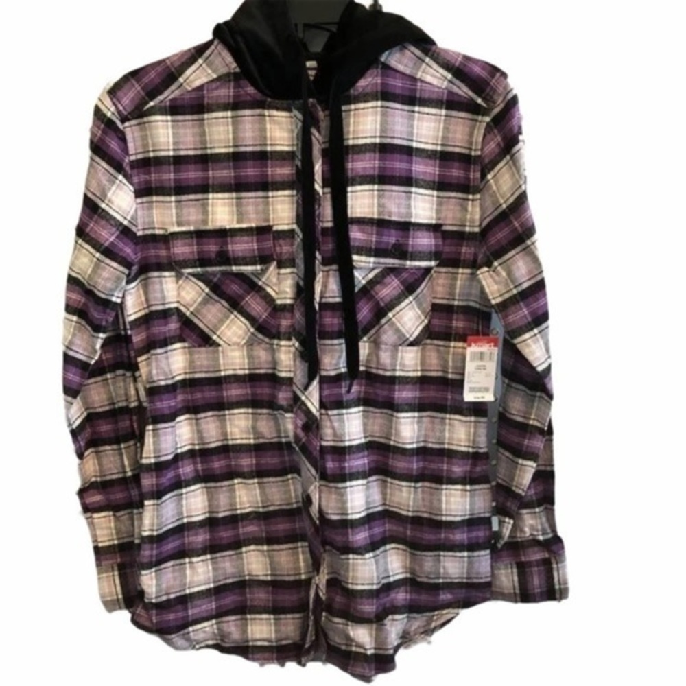 Amp‎ Juniors XS Purple & Black Button Down Plaid Long Sleeve Hoodie Shirt